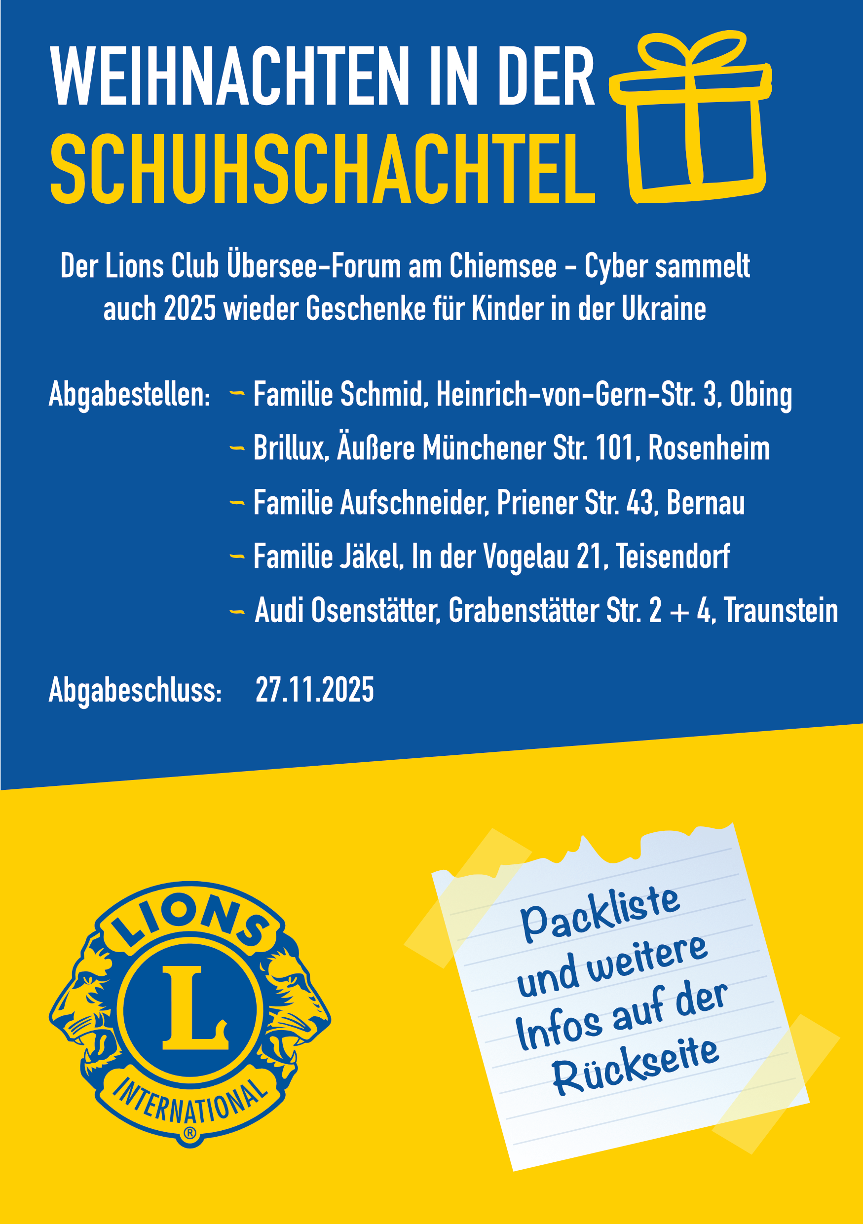 Lionsclub Übersee Cyber Activity Ukraine Hilfe Weihnachten in der Schuhschachtel 2025